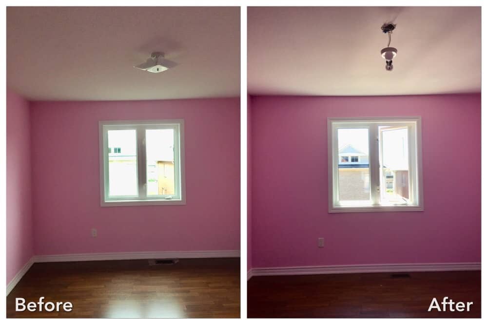 Pink bedroom with popcorn ceiling removed
