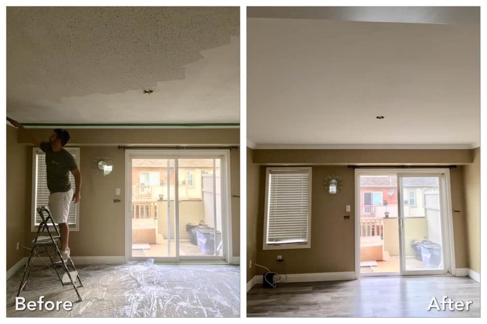 before and after stucco removed from ceiling